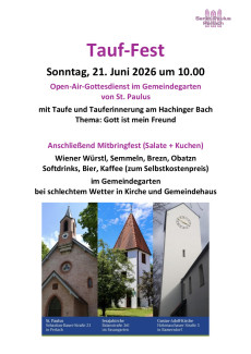 Plakat zum Tauffest am 21.6.2026, 10 Uhr mit Open-Air-Gottesdienst im Gemeindegarten von St. Paulus