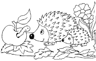 Igel und Apfel mit Wurm im Herbstlaub